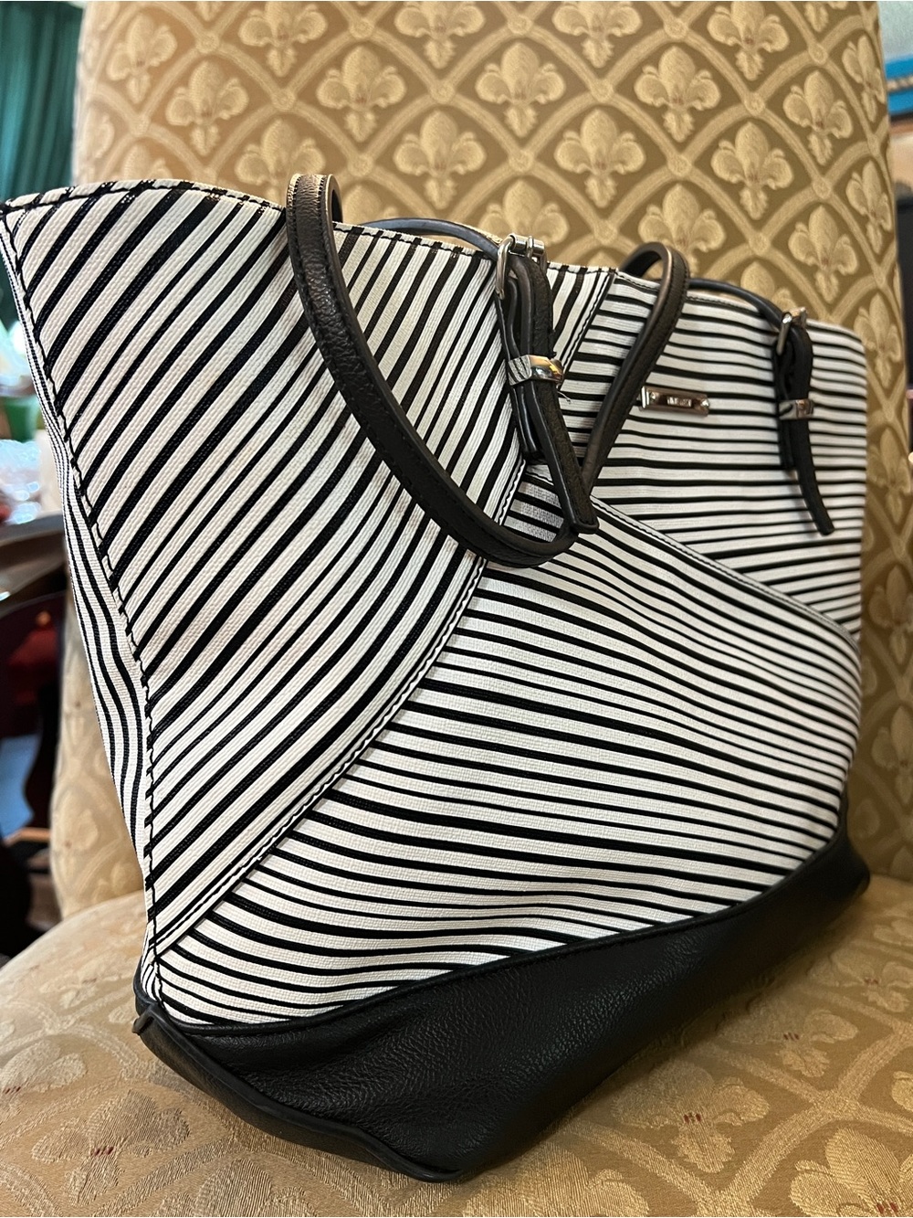 Nine West Black and White Striped Tote Bag with Black Trim